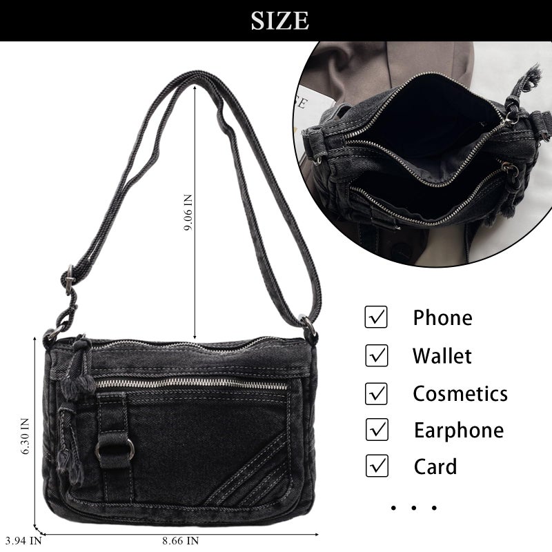 Extolove Denim Crossbody Bags for Women Small Jean Purse Casual Denim Shoulder Bag Handbag (Black) - Image 4