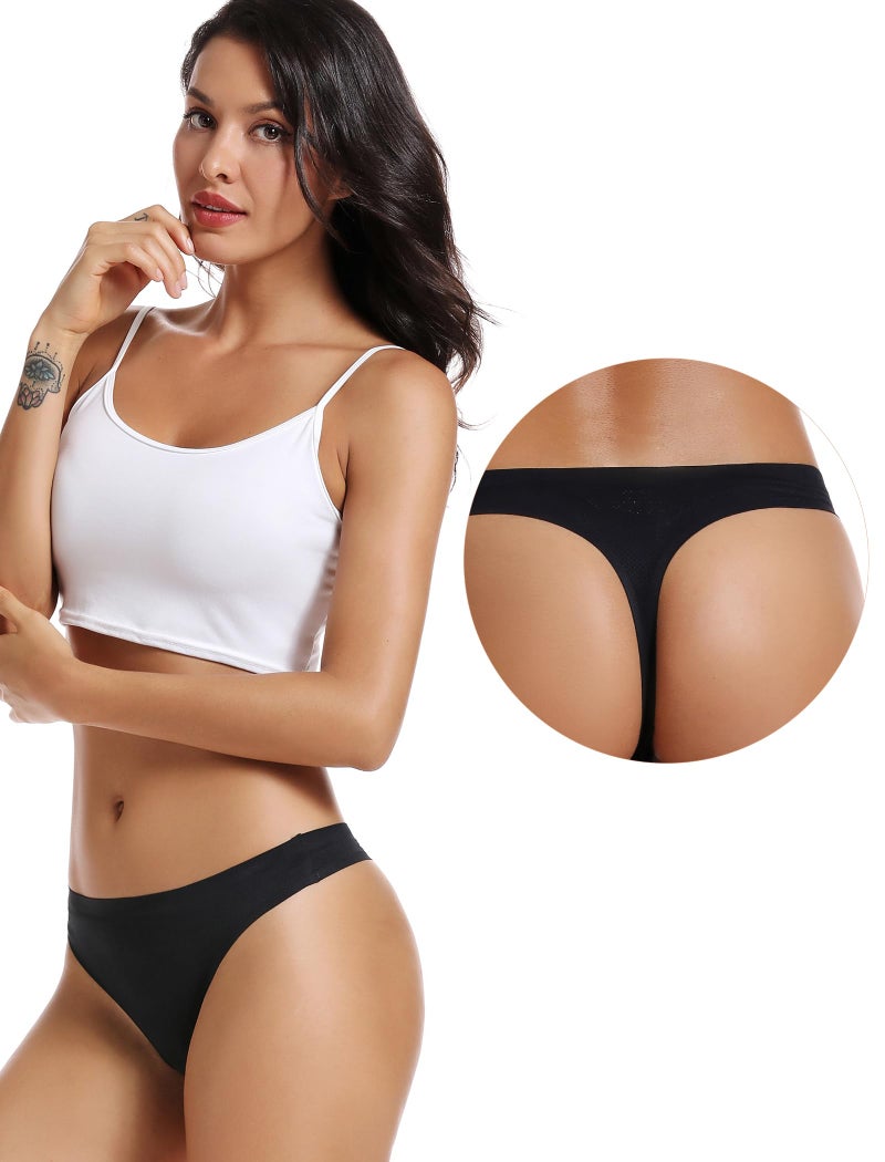 voenxe Black No Show Underwear Thongs for Women,Seamless Ladies Thong,Invisible No Line Breathable Comfortable Panties,Soft Gym Workout Undies Underpants for Woman, Athletic Running Wide Gusset Tangas,5-Pack - Image 2