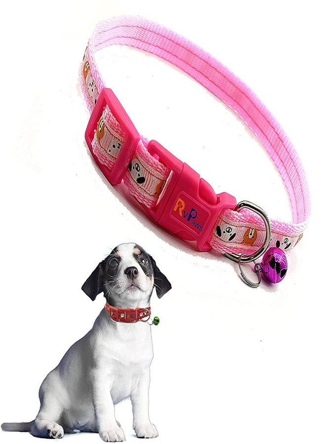 Pups&Pets Small Pets Nylon 10MM Cute Soft Collar | Adjustable face Print with Sound Bell | Safe Neck Belt for Puppies and Cats - 1Pcs (Pink) - Image 1