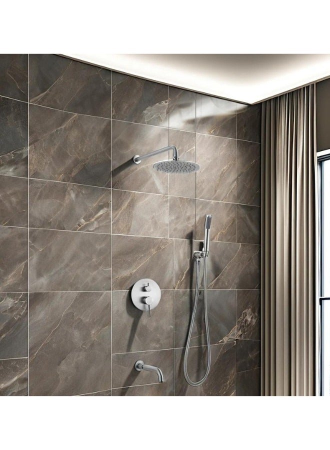Brushed Nickel Wall Mounted Concealed Bathroom Shower Mixer Taps Set 3 Functions  - Image 4