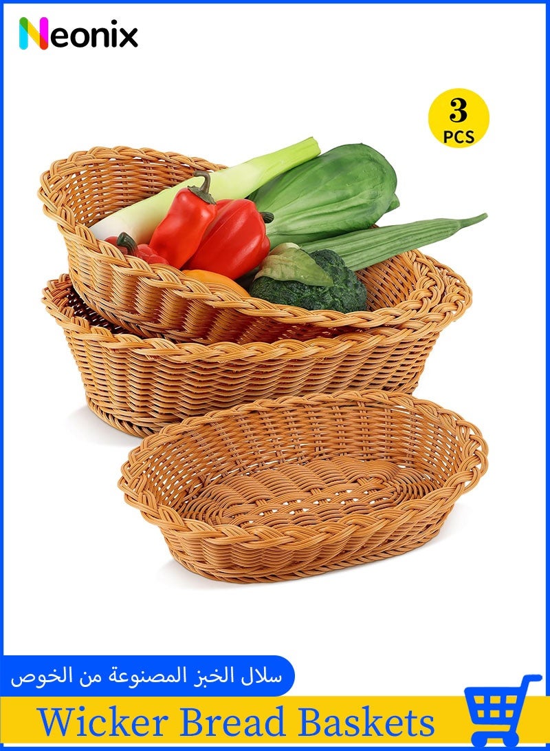 Neonix 3 Set Wicker Bread Baskets Oval Woven Baskets Poly Wicker Trays Food Serving Baskets for Bread Fruit Vegetables Snacks Rattan Display Trays for Restaurant Home Kitchen - Image 1