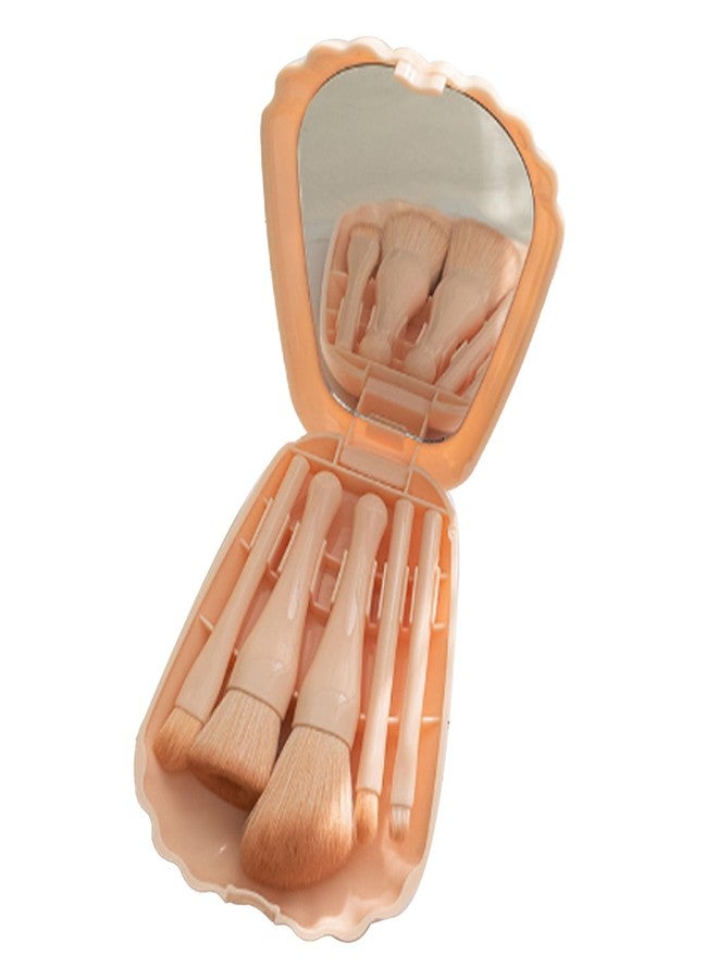 Brrnoo Mini Makeup Brush Set with Mirror, Shell Portable Travel Makeup Brush Set, 5 Sizes, Synthetic Fiber Bristles, Pink, Cosmetic Brush Set - Image 1