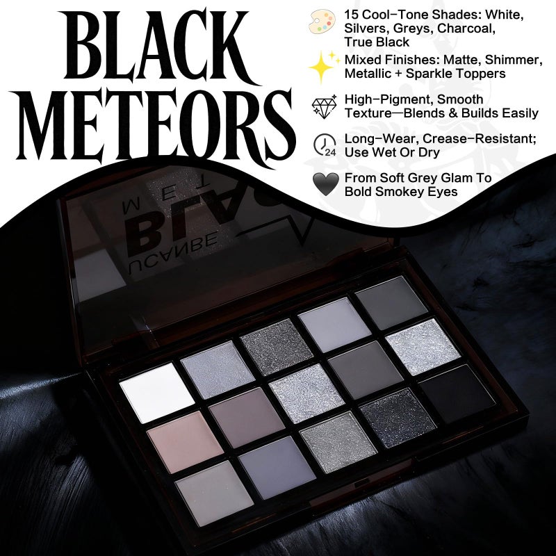 Ucanbe لوحة ظلال العيون UCANBE باللون الأسود المدخن، 15 لون لمسة داكنة لامعة غير لامعة معدنية، مجموعة ظلال عيون رمادية فضية عالية الصبغة للاستخدام اليومي والهالوين - Image 2