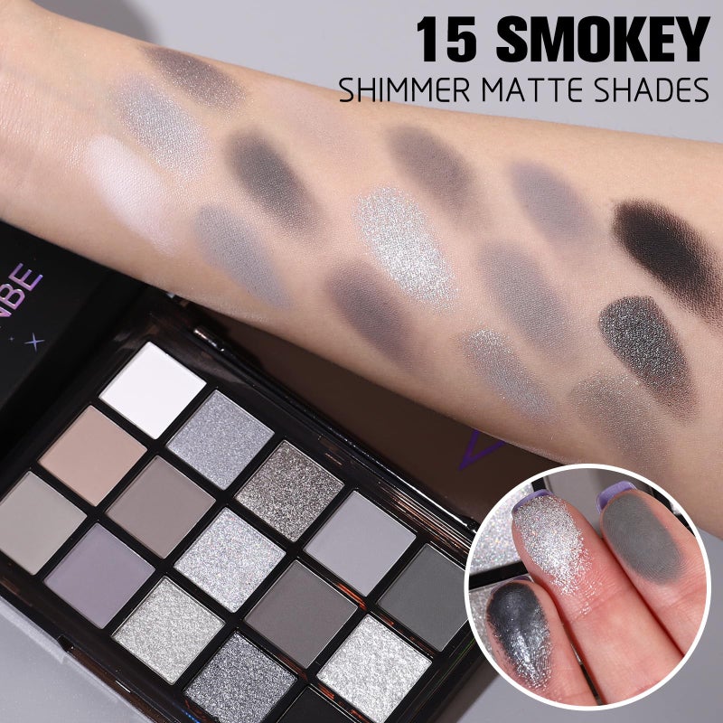Ucanbe لوحة ظلال العيون UCANBE باللون الأسود المدخن، 15 لون لمسة داكنة لامعة غير لامعة معدنية، مجموعة ظلال عيون رمادية فضية عالية الصبغة للاستخدام اليومي والهالوين - Image 3