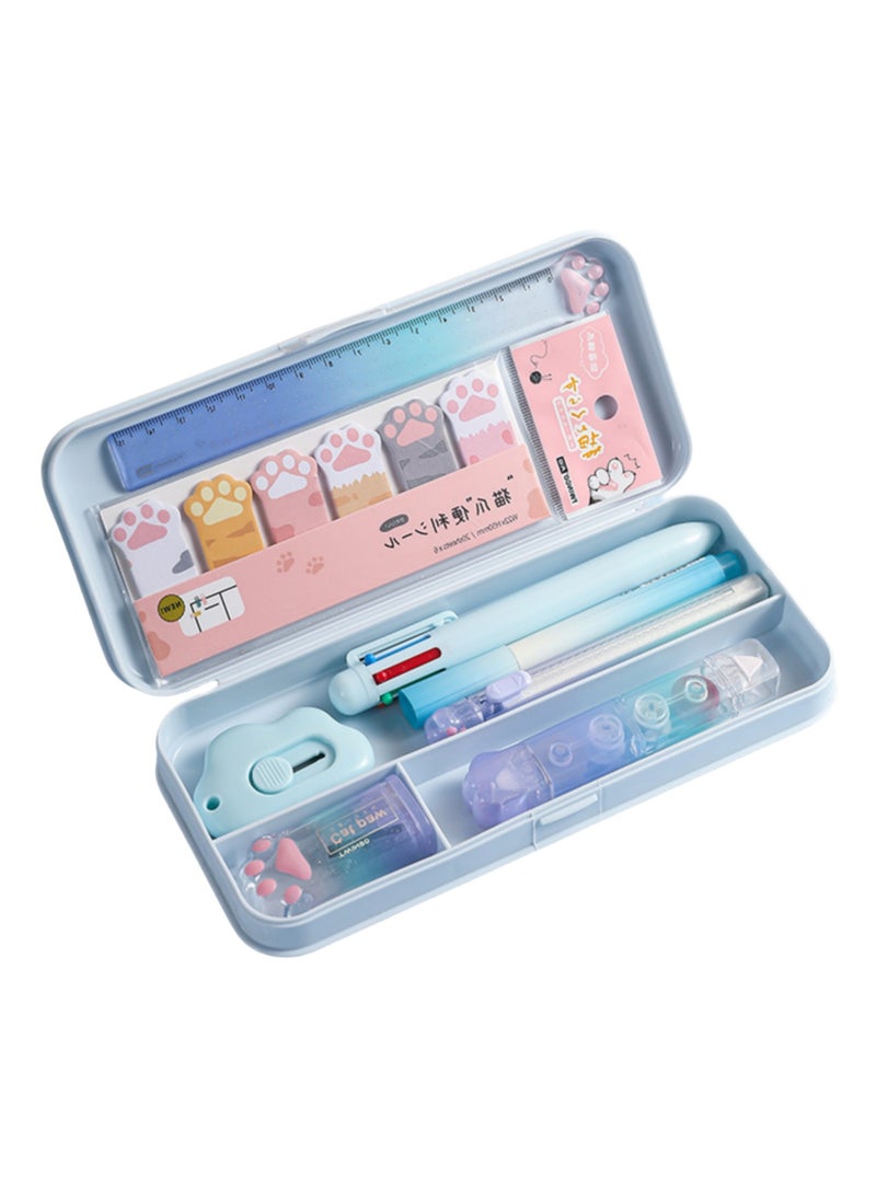 NOVOLAN NOVOLAN Stylish Stationery Set Pencil Case, Complete Multifunctional Student Supplies Kit Box, Includes Sharpener, 6-Color Ballpoint Pens, Ruler, Frosted Pencil Case, for School & Study Needs (Blue)  - Image 1