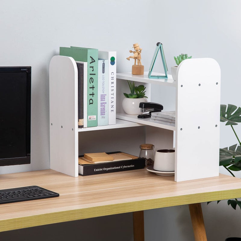 VERGOODR Desktop Adjustable Natural Wood Book Shelf Organizer Office Storage Rack Display Stand Caddy Set Expandable Desk Organizer (White) - Image 3