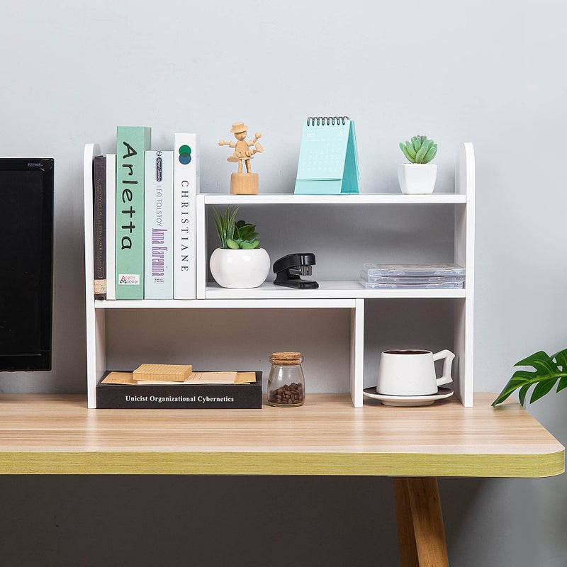 VERGOODR Desktop Adjustable Natural Wood Book Shelf Organizer Office Storage Rack Display Stand Caddy Set Expandable Desk Organizer (White) - Image 2