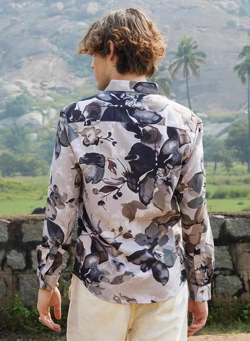كامبوس سوترا Men's Saltbox Beige Artistic Foliage Shirt