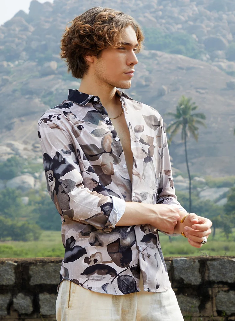 كامبوس سوترا Men's Saltbox Beige Artistic Foliage Shirt
