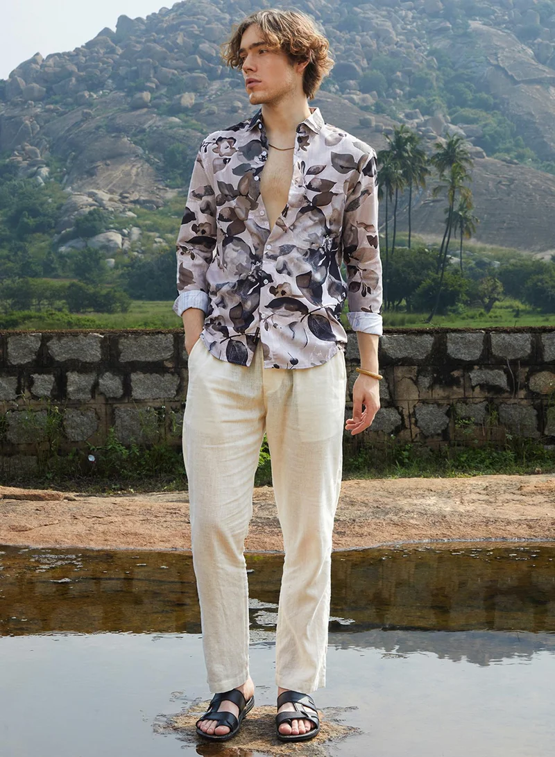 كامبوس سوترا Men's Saltbox Beige Artistic Foliage Shirt