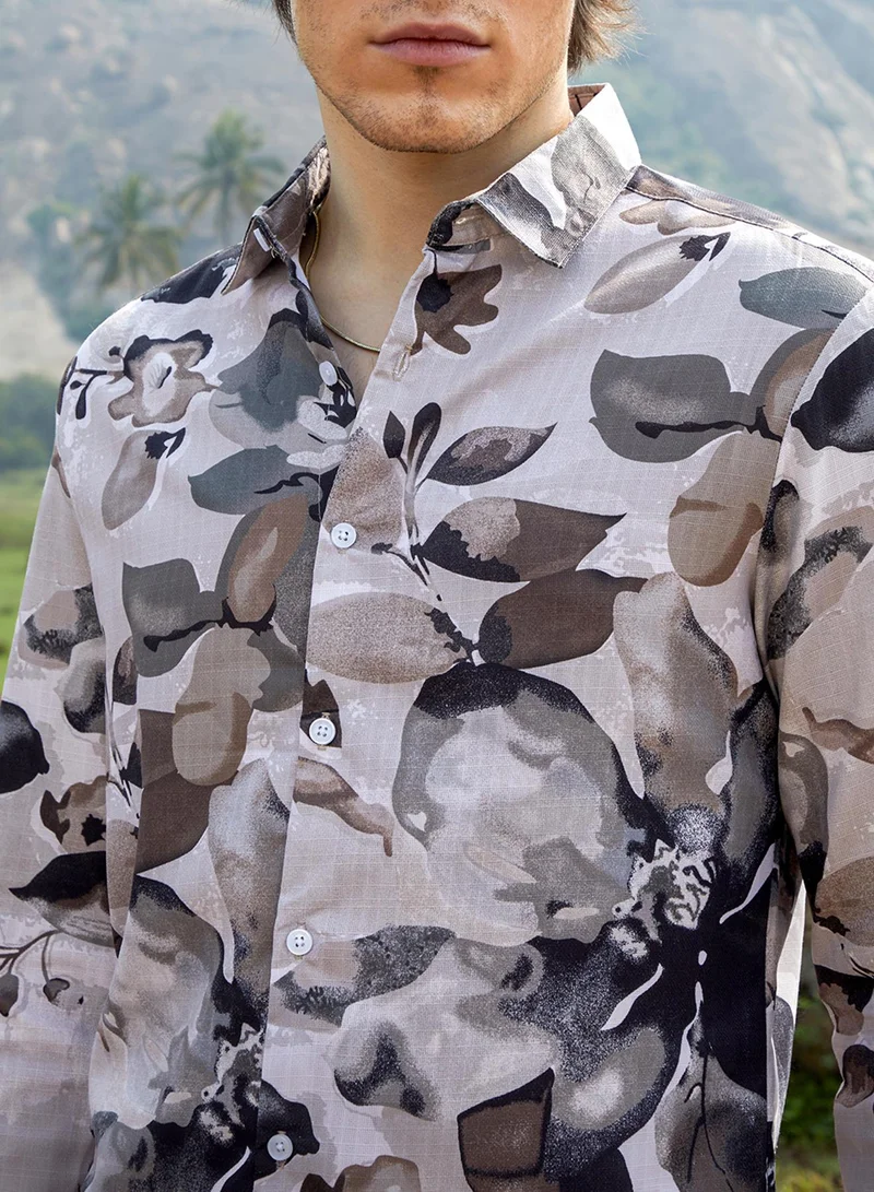 كامبوس سوترا Men's Saltbox Beige Artistic Foliage Shirt