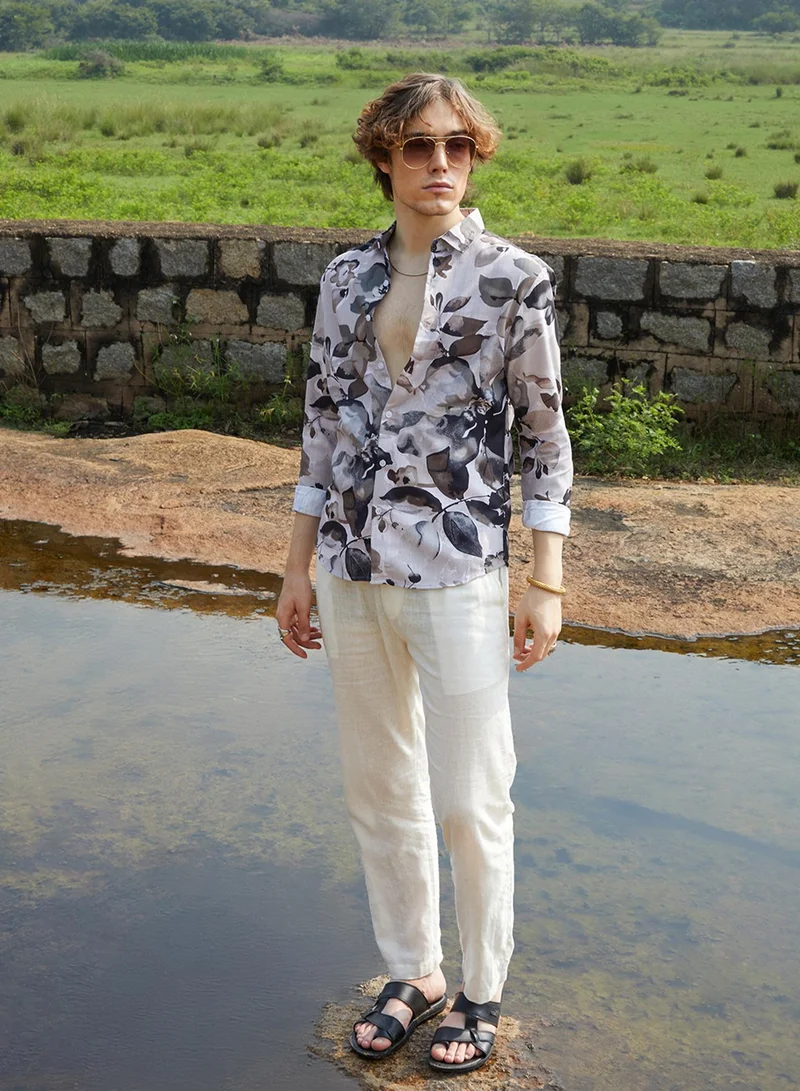 كامبوس سوترا Men's Saltbox Beige Artistic Foliage Shirt