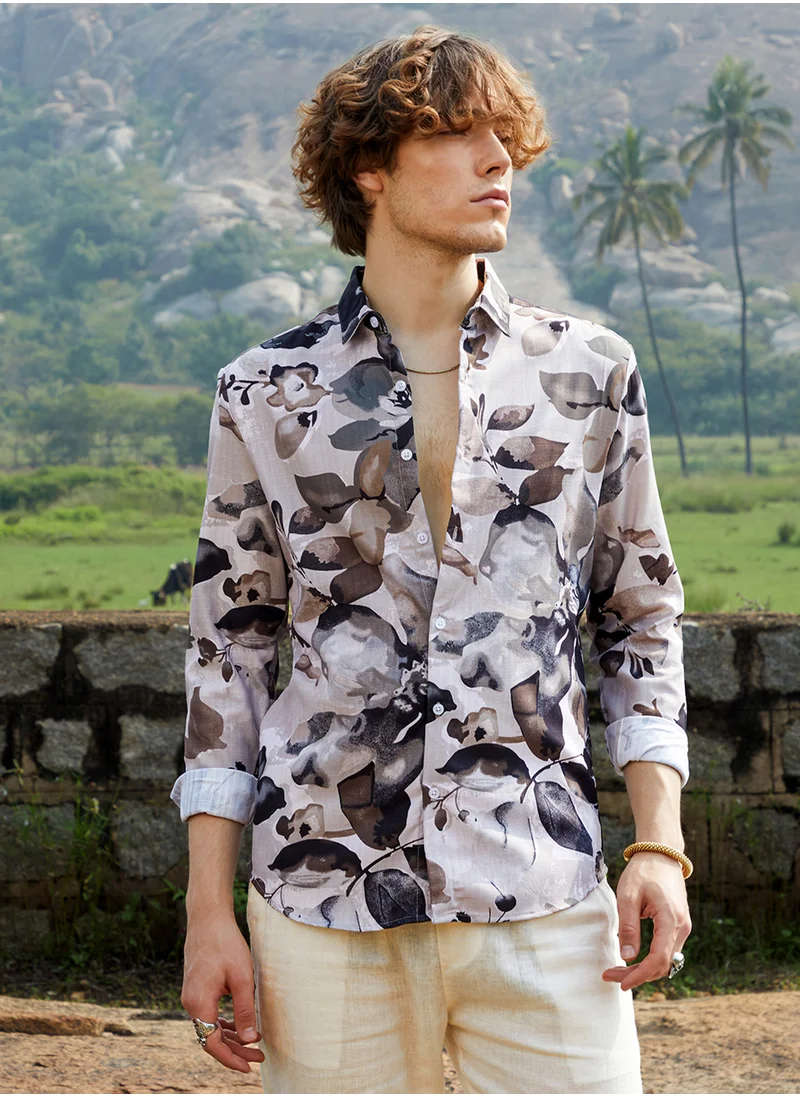 كامبوس سوترا Men's Saltbox Beige Artistic Foliage Shirt