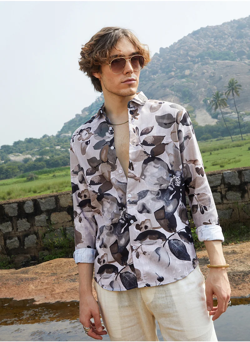 كامبوس سوترا Men's Saltbox Beige Artistic Foliage Shirt
