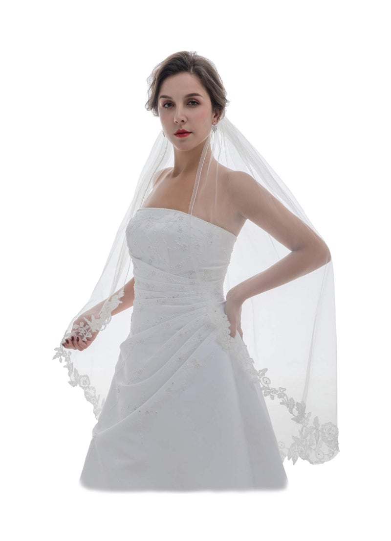 SAMKY 1T 1 Tier Embroided Floral Crystal Beaded Lace Edge Veil - Light Ivory Fingertip Length 36" V587 - Image 1