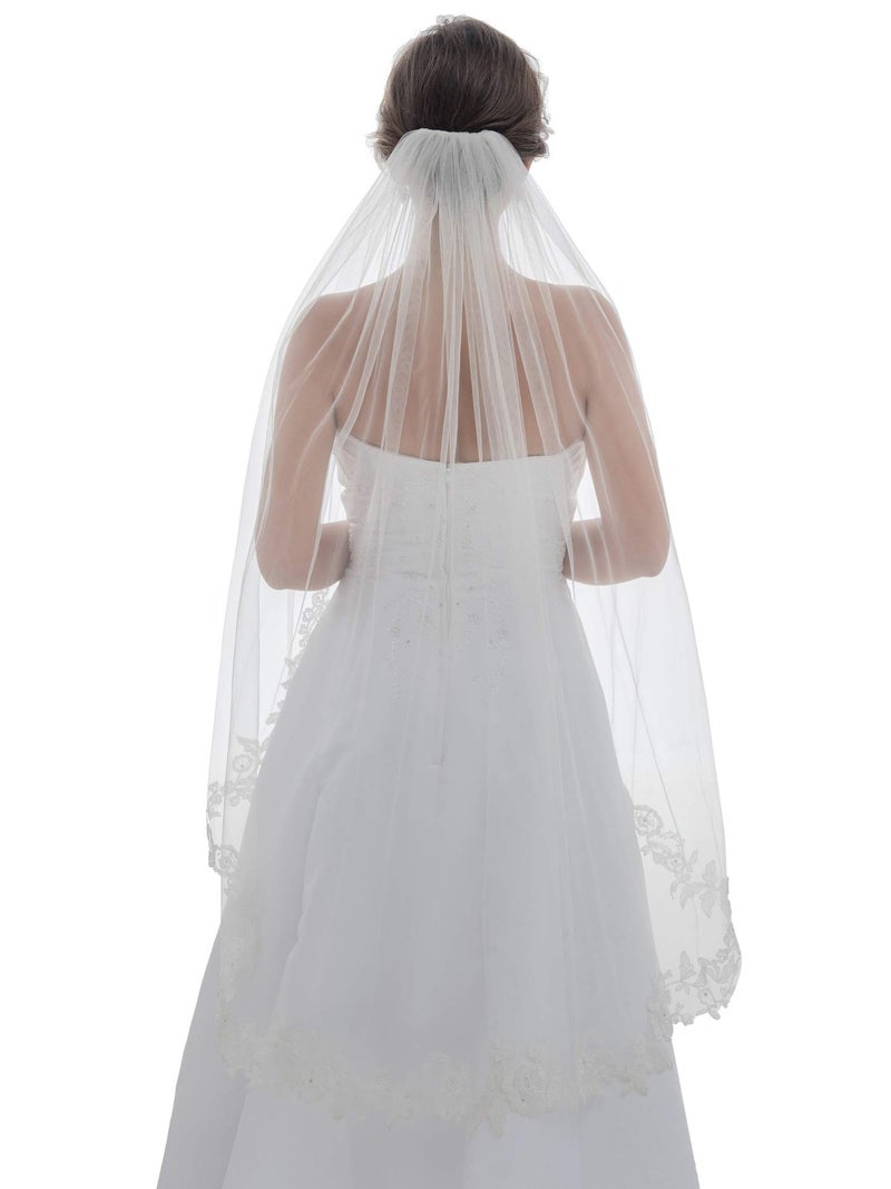 SAMKY 1T 1 Tier Embroided Floral Crystal Beaded Lace Edge Veil - Light Ivory Fingertip Length 36" V587 - Image 2