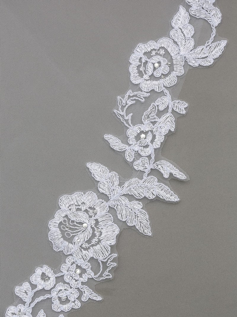 SAMKY 1T 1 Tier Embroided Floral Crystal Beaded Lace Edge Veil - Light Ivory Fingertip Length 36" V587 - Image 3