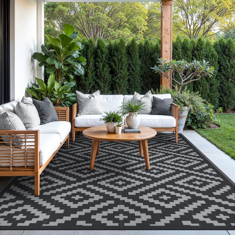 GENIMO Outdoor Rug for Patio Clearance,6'x9' Waterproof Mat,Reversible Plastic Camping Rugs,Rv,Porch,Deck,Camper,Balcony,Backyard,Black & Gray - Image 4