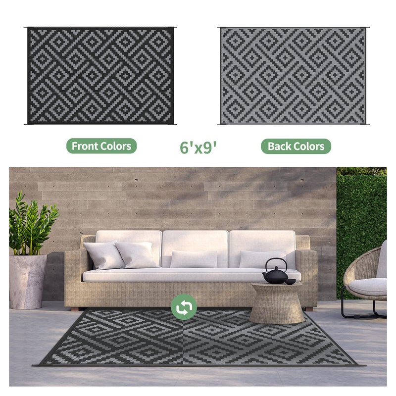 GENIMO Outdoor Rug for Patio Clearance,6'x9' Waterproof Mat,Reversible Plastic Camping Rugs,Rv,Porch,Deck,Camper,Balcony,Backyard,Black & Gray - Image 2