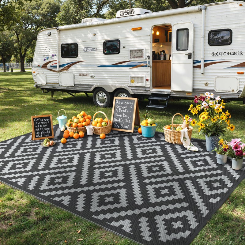 GENIMO Outdoor Rug for Patio Clearance,6'x9' Waterproof Mat,Reversible Plastic Camping Rugs,Rv,Porch,Deck,Camper,Balcony,Backyard,Black & Gray - Image 3