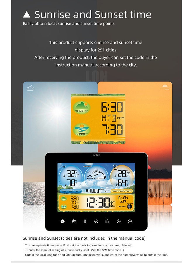 Generic Weather Station Indoor Outdoor Thermometer with Remote Sensors and Touch Color Screen Weather Thermometer Forecast Station  - Image 4