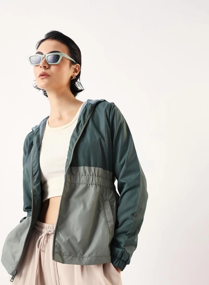 Women's Petrol & Mint Green 100% Polyester Colour Blocked Utility Regular Fit Jacket