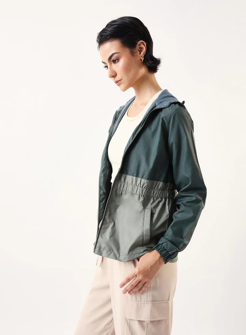 Dennis Lingo Women's Petrol & Mint Green 100% Polyester Colour Blocked Utility Regular Fit Jacket