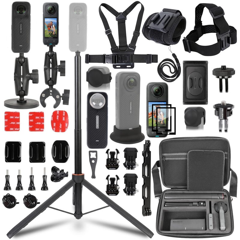 PellKing Accessories Kit for insta360 X4,Included Carrying Case with Belt,2 Pcs Metal 1/4" Adapter,Handlebar Mount,Magnetic Mount,53in Selfie Stick,Chest Strap,Head Strap,Backpack Clip,and Others - Image 1