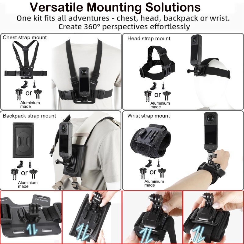 PellKing Accessories Kit for insta360 X4,Included Carrying Case with Belt,2 Pcs Metal 1/4" Adapter,Handlebar Mount,Magnetic Mount,53in Selfie Stick,Chest Strap,Head Strap,Backpack Clip,and Others - Image 4