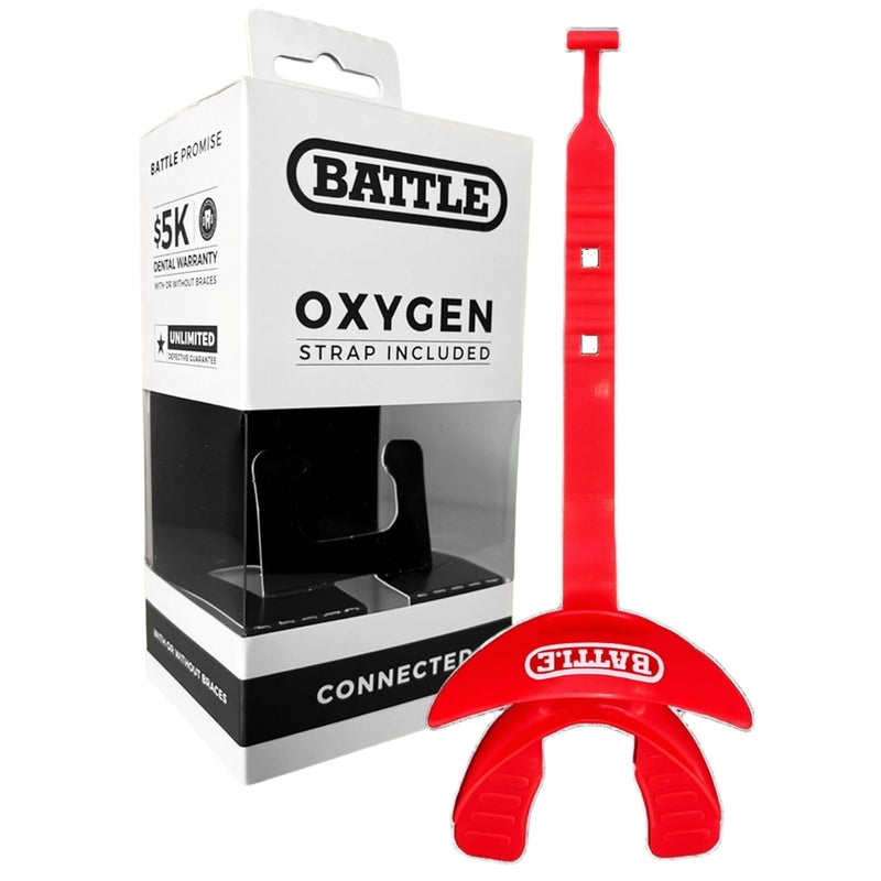 Battle Oxygen Lip Protector Mouth Guard with Connected Strap, Football and Sports Gear, Maximum Oxygen Supply, Mouthpiece Fits With or Without Braces - One Size, Light Red - Image 1