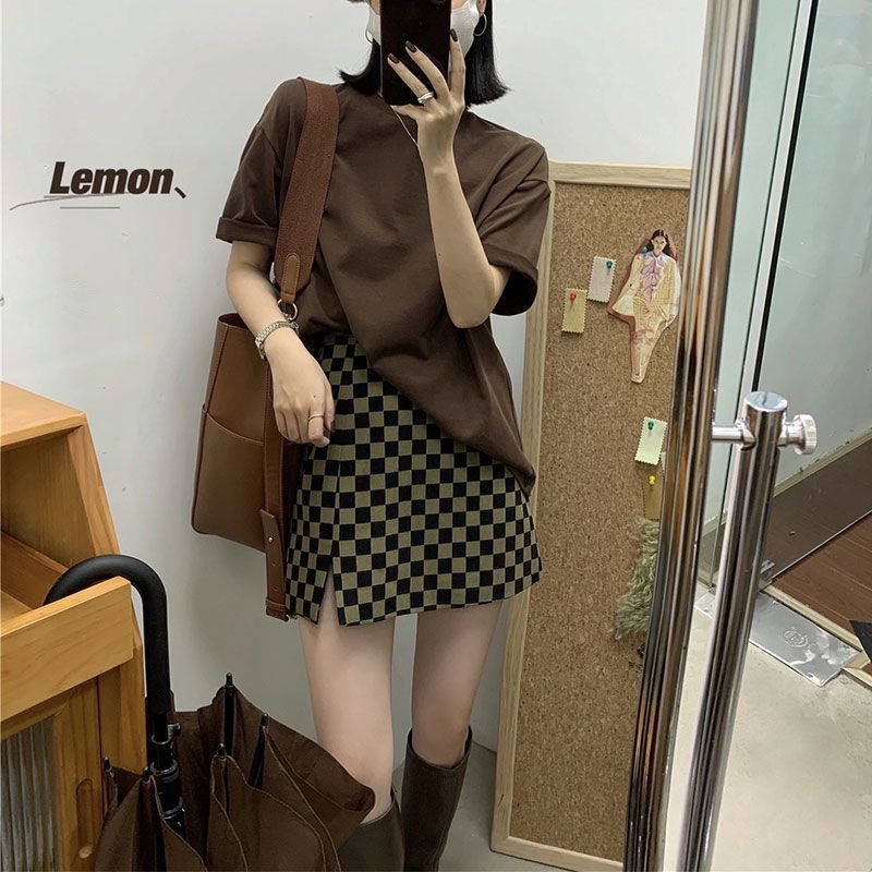 Plaid Skirt 2021 Slit Skirt Korean Style Loose Slim High Waist Easiest For Match Hip A-Line Skirt - Image 1