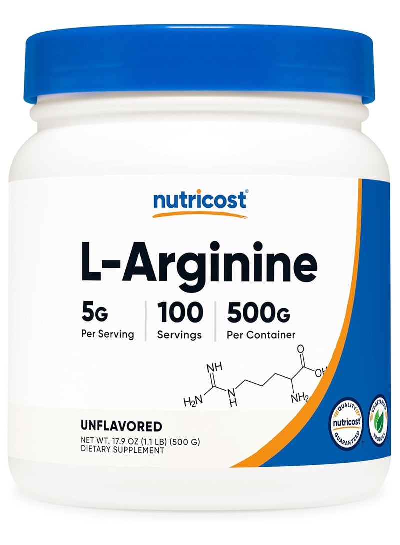 Nutricost مسحوق إل-أرجينين 500 جرام (1.1 رطل) - مسحوق إل-أرجينين نقي - 5000 مجم لكل وجبة؛ 100 وجبة - Image 1