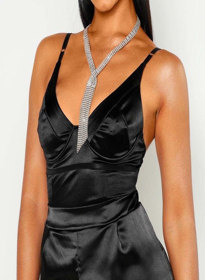 ELABEST Long Rhinestone Necklace Statement Tassel Necklaces Crystal Layered Y Choker for Women (Silver) - Image 4