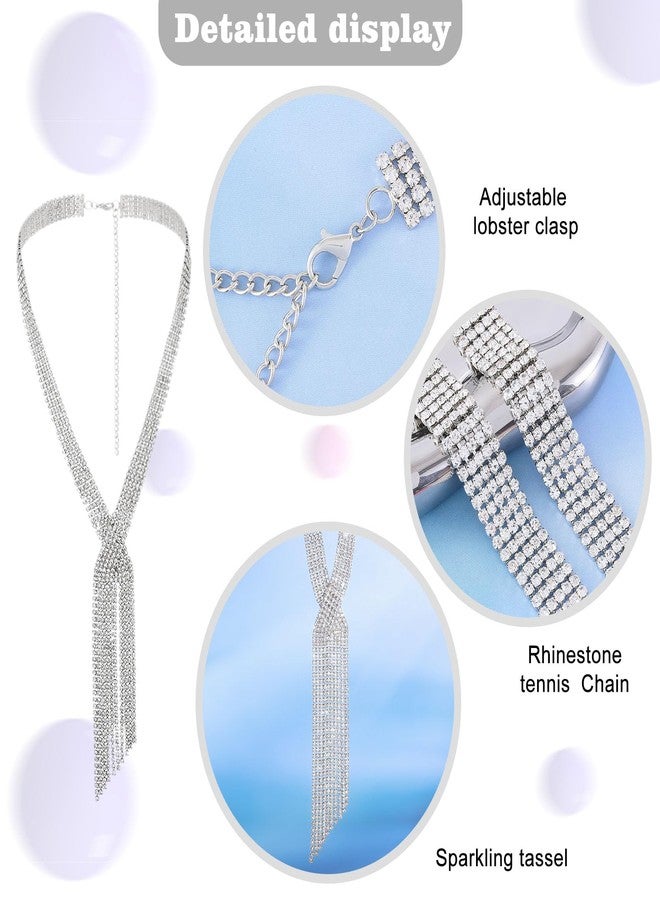 ELABEST Long Rhinestone Necklace Statement Tassel Necklaces Crystal Layered Y Choker for Women (Silver) - Image 5