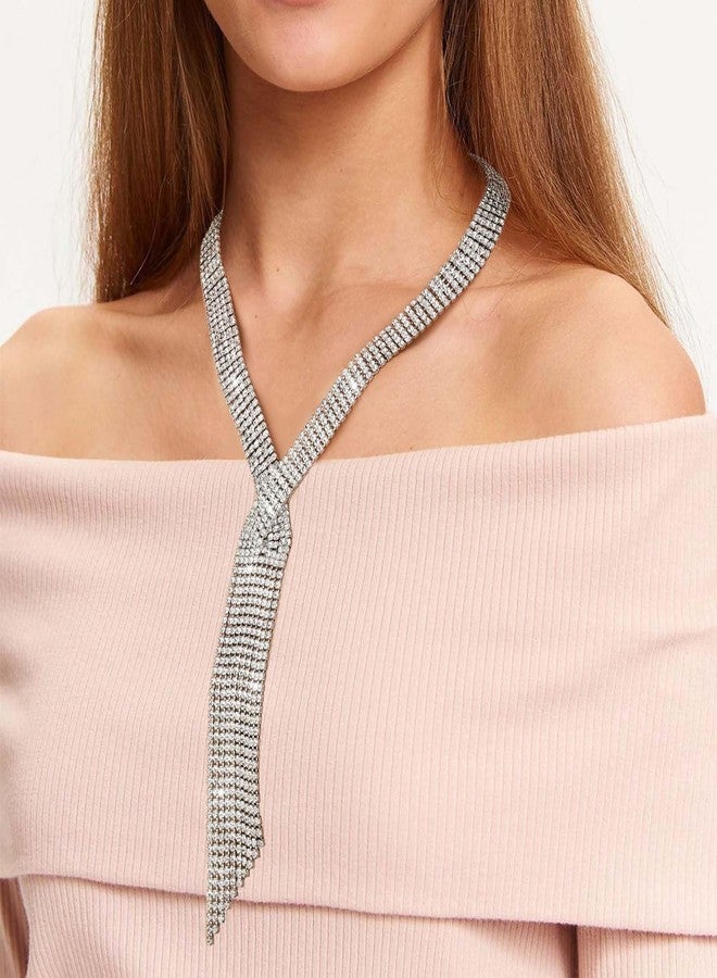 ELABEST Long Rhinestone Necklace Statement Tassel Necklaces Crystal Layered Y Choker for Women (Silver) - Image 2