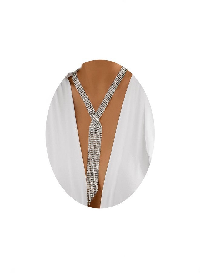 ELABEST Long Rhinestone Necklace Statement Tassel Necklaces Crystal Layered Y Choker for Women (Silver) - Image 1