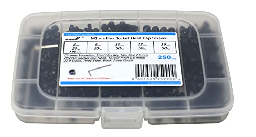 iexcell 250 Pcs M3 x 6/8/10/12/16 Alloy Steel 12.9 Grade Hex Socket Head Cap Screws Bolts Assortment Kit, Black Oxide Finish - Image 1