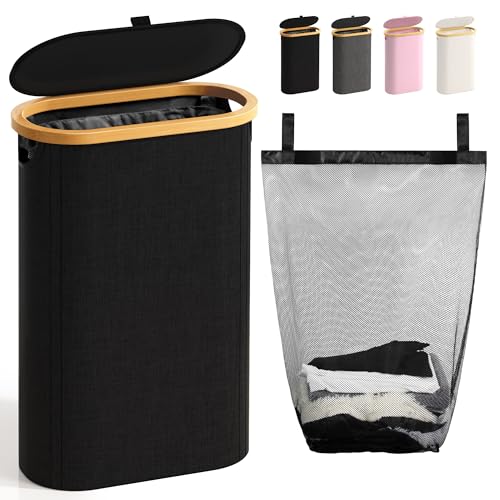 Bathola Slim Laundry Hamper with Lid, 60L Small Laundry Basket with Handles&Removable Bag, Thin Dirty Clothes Hampers for Laundry, Narrow Laundry Hampers for Bedroom Aesthetic, Black - Image 1