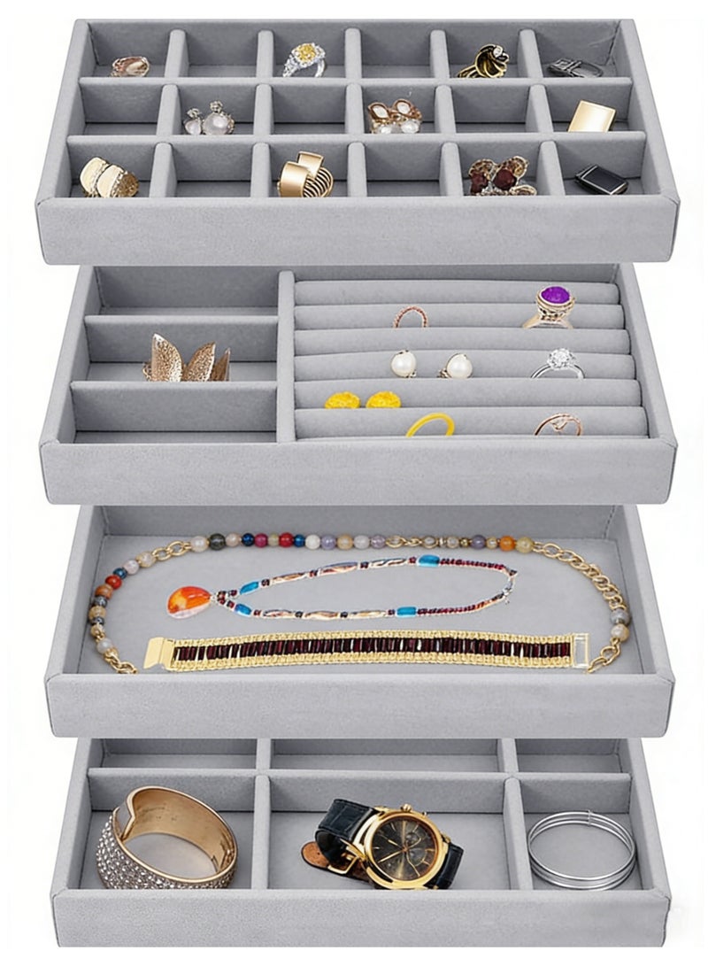 ثمانية فيبيهاوس 4 صواني من المخمل لتنظيم المجوهرات للدرج، مجموعة صواني مجوهرات قابلة للتكديس، صينية عرض مجوهرات، درج تخزين مجوهرات مع فواصل قابلة للإزالة، صندوق مجوهرات للأقراط، القلائد، الخواتم، الأساور، علبة مجوهرات رمادية - Image 1