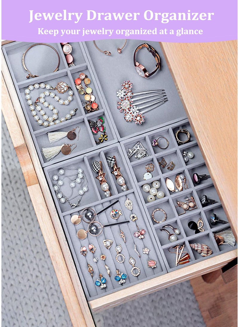 ثمانية فيبيهاوس 4 صواني من المخمل لتنظيم المجوهرات للدرج، مجموعة صواني مجوهرات قابلة للتكديس، صينية عرض مجوهرات، درج تخزين مجوهرات مع فواصل قابلة للإزالة، صندوق مجوهرات للأقراط، القلائد، الخواتم، الأساور، علبة مجوهرات رمادية - Image 5
