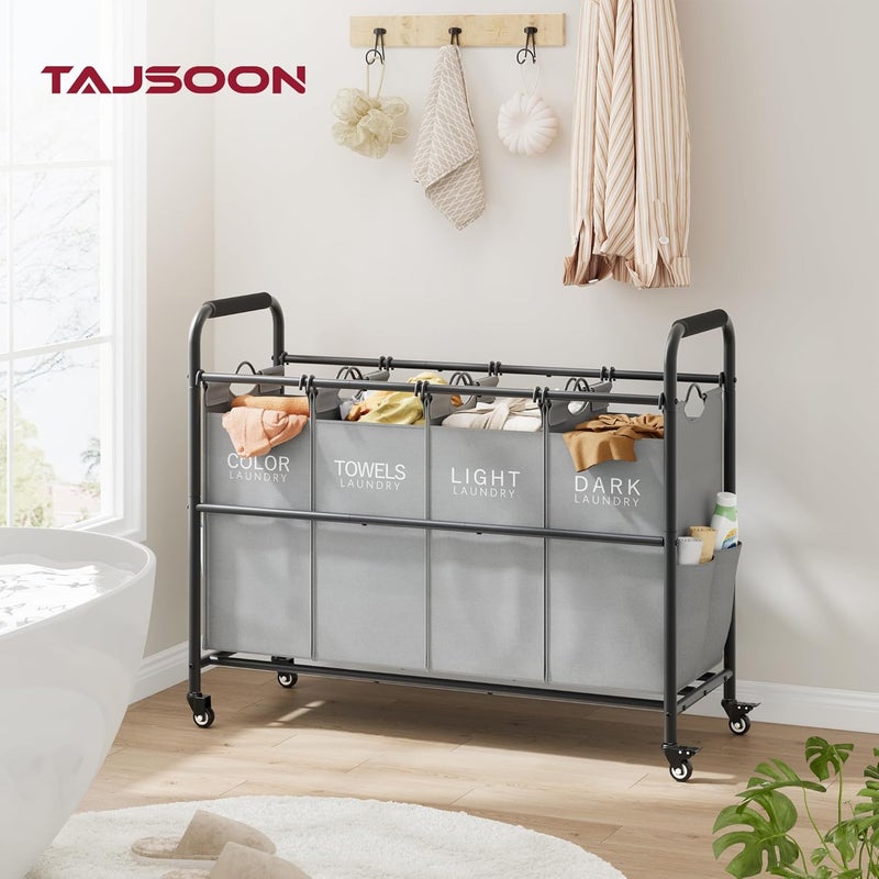 Tajsoon عربة تصنيف الملابس من بـ 4 أكياس، سلة تصنيف الملابس مقسمة إلى 4 أقسام مزودة بعجلات دوارة قوية قابلة للقفل، سلة فصل الملابس مع أكياس قابلة للإزالة لتخزين الملابس القذرة، لون رمادي - Image 2