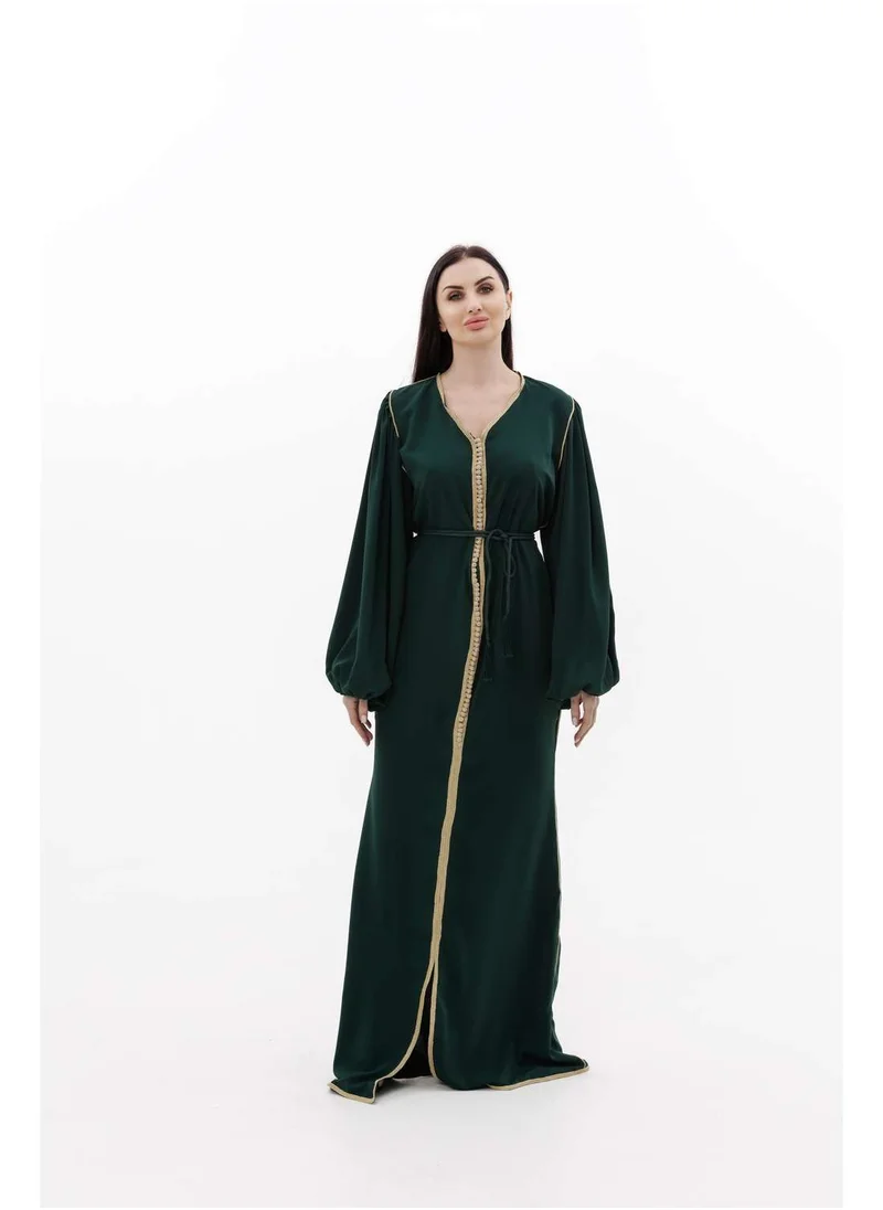 هانا آند سارا LONG CLASSY SIMPLE SOLID GREEN COLOUR FRONT BUTTONED LACE ARABIC KAFTAN JALABIYA DRESS