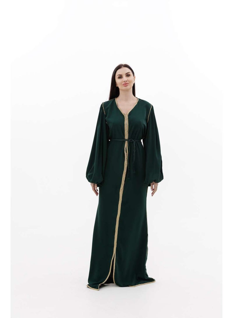 HANA & SARA LONG CLASSY SIMPLE SOLID GREEN COLOUR FRONT BUTTONED LACE ARABIC KAFTAN JALABIYA DRESS  - Image 1