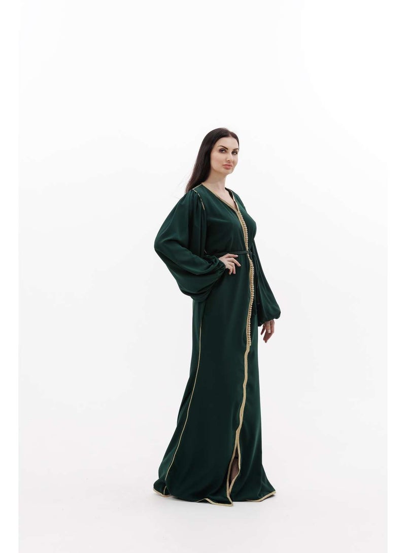 HANA & SARA LONG CLASSY SIMPLE SOLID GREEN COLOUR FRONT BUTTONED LACE ARABIC KAFTAN JALABIYA DRESS  - Image 5