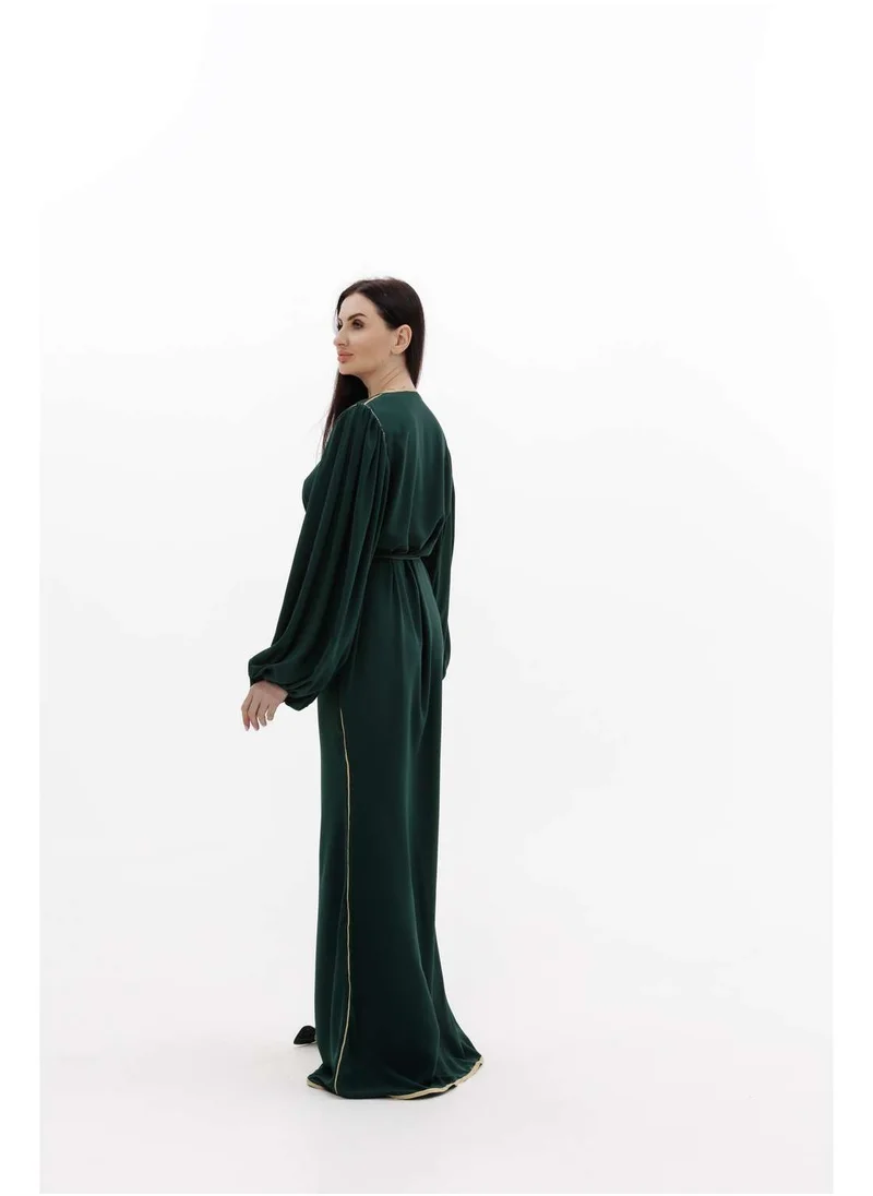 هانا آند سارا LONG CLASSY SIMPLE SOLID GREEN COLOUR FRONT BUTTONED LACE ARABIC KAFTAN JALABIYA DRESS