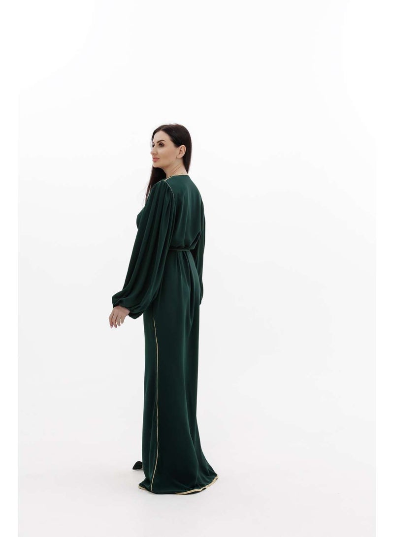 HANA & SARA LONG CLASSY SIMPLE SOLID GREEN COLOUR FRONT BUTTONED LACE ARABIC KAFTAN JALABIYA DRESS  - Image 2