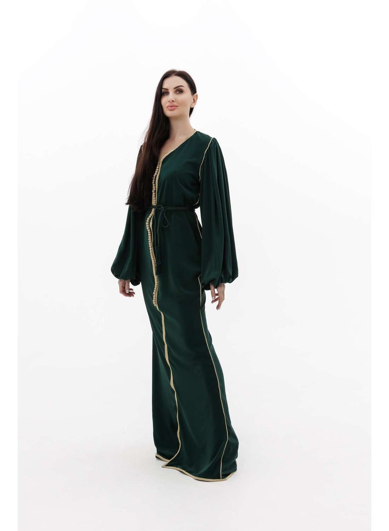 HANA & SARA LONG CLASSY SIMPLE SOLID GREEN COLOUR FRONT BUTTONED LACE ARABIC KAFTAN JALABIYA DRESS  - Image 4