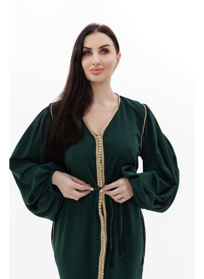 HANA & SARA LONG CLASSY SIMPLE SOLID GREEN COLOUR FRONT BUTTONED LACE ARABIC KAFTAN JALABIYA DRESS  - Image 3
