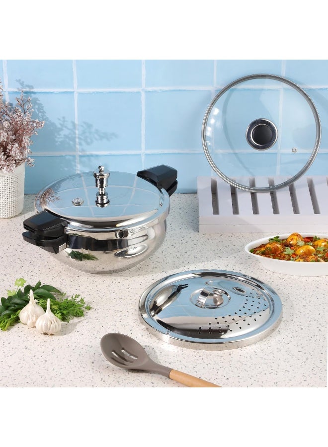 VINOD 3.5Liters Magic Stainless Steel Smart 3 in 1 Pressure Cooker 3.5 Litre | 5mm Thick Base | All in One Cooker with Strainer & Glass Lid | Induction and Gas Base | ISI certified silver - Image 2