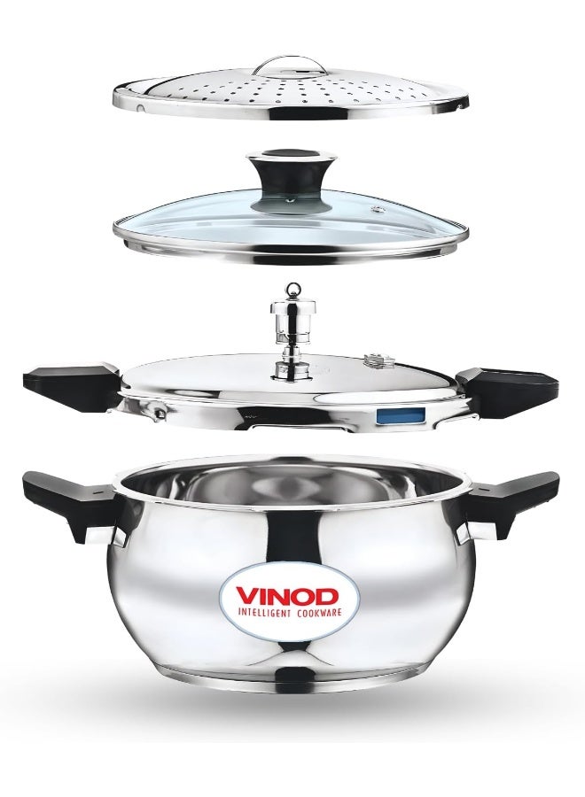 VINOD 3.5Liters Magic Stainless Steel Smart 3 in 1 Pressure Cooker 3.5 Litre | 5mm Thick Base | All in One Cooker with Strainer & Glass Lid | Induction and Gas Base | ISI certified silver - Image 1